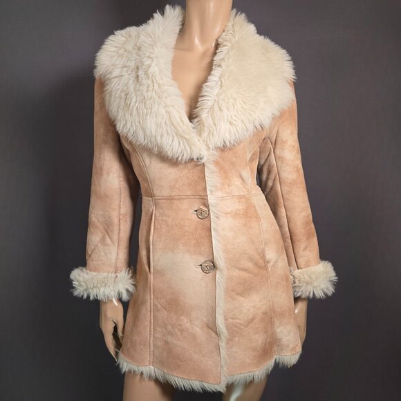 Y2K Penny Lane Faux Suede Faux Fur Boho Coat Jacket Size S Beige - Picture 1 of 15